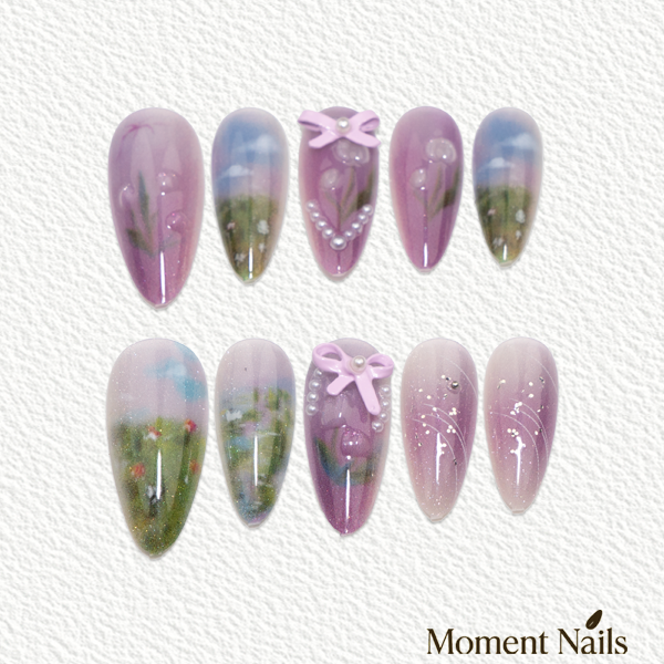 Monet's Garden Press-On Nails | Purple Green Bloom Art | Almond