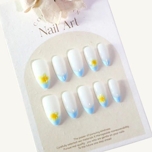 Sky Blue French Press-On Nails | 3D Floral Charm Medium Almond