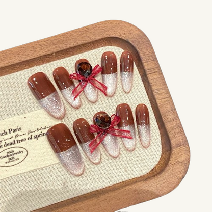 Red Wine Party Press-On Nails | Handmade Brown Glitter Bow Oval