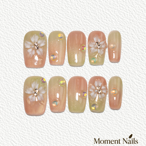 Pink Yellow Flower Diamond  Press-On Nails