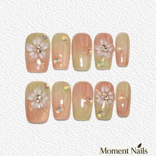 Pink Yellow Flower Diamond  Press-On Nails