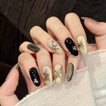 Black Gold Rose Oval Press-On Nails
