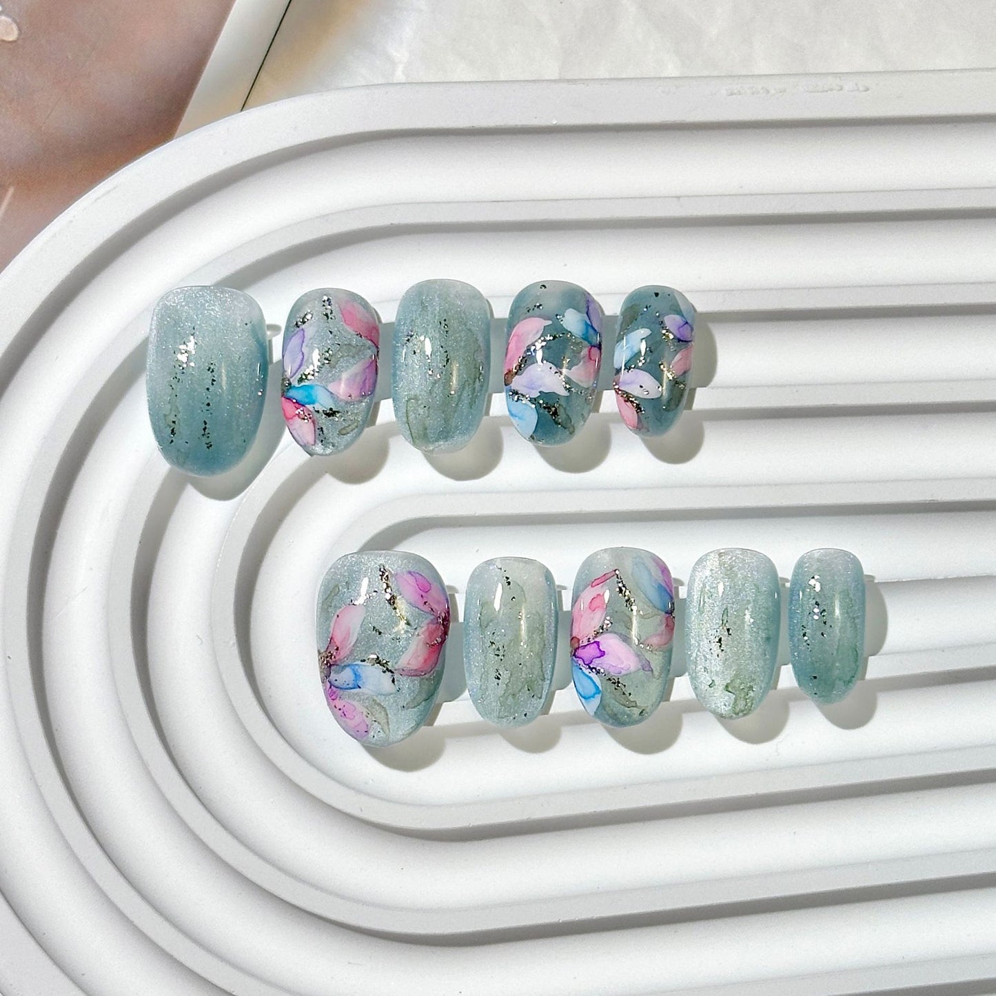 Light Blue Marbled Floral Press-On Nails