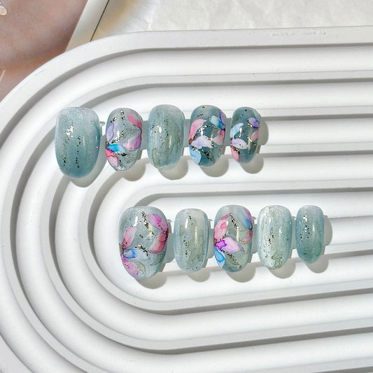 Light Blue Marbled Floral Press-On Nails