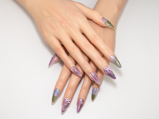 Monet's Garden Press-On Nails | Purple Green Bloom Art | Almond