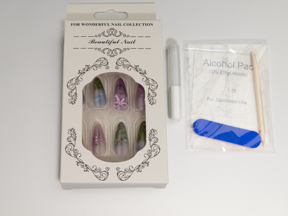 Monet's Garden Press-On Nails | Purple Green Bloom Art | Almond