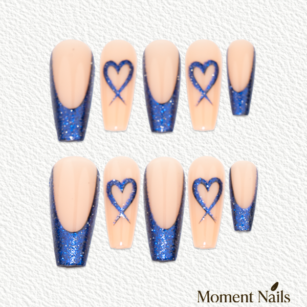 Glitter Blue Heart French Press-On Nails | V-Cut Long Coffin
