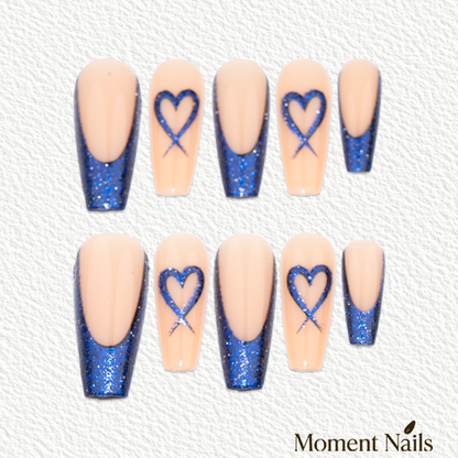 Glitter Blue Heart French Press-On Nails | V-Cut Long Coffin
