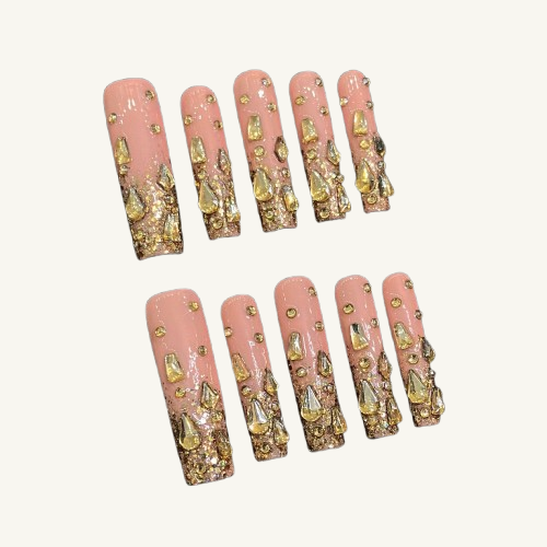 Gold Glitter French Press-On Nails | Long Square Handmade Fake Nails