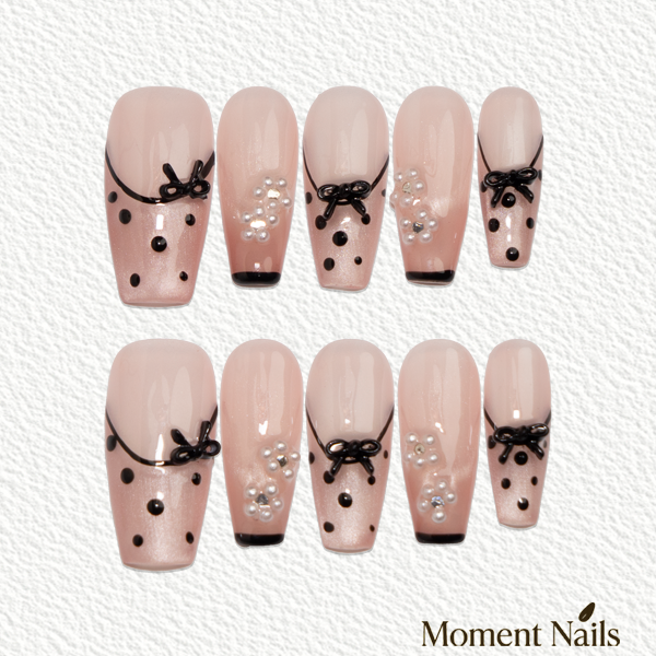 Nude Pink Black Bow  Press-On Nails