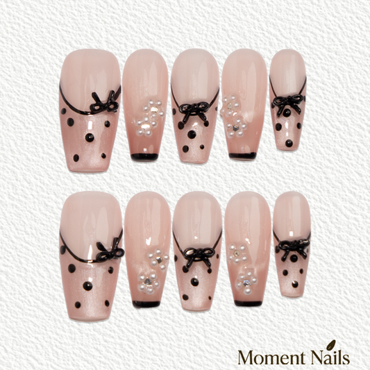 Nude Pink Black Bow  Press-On Nails