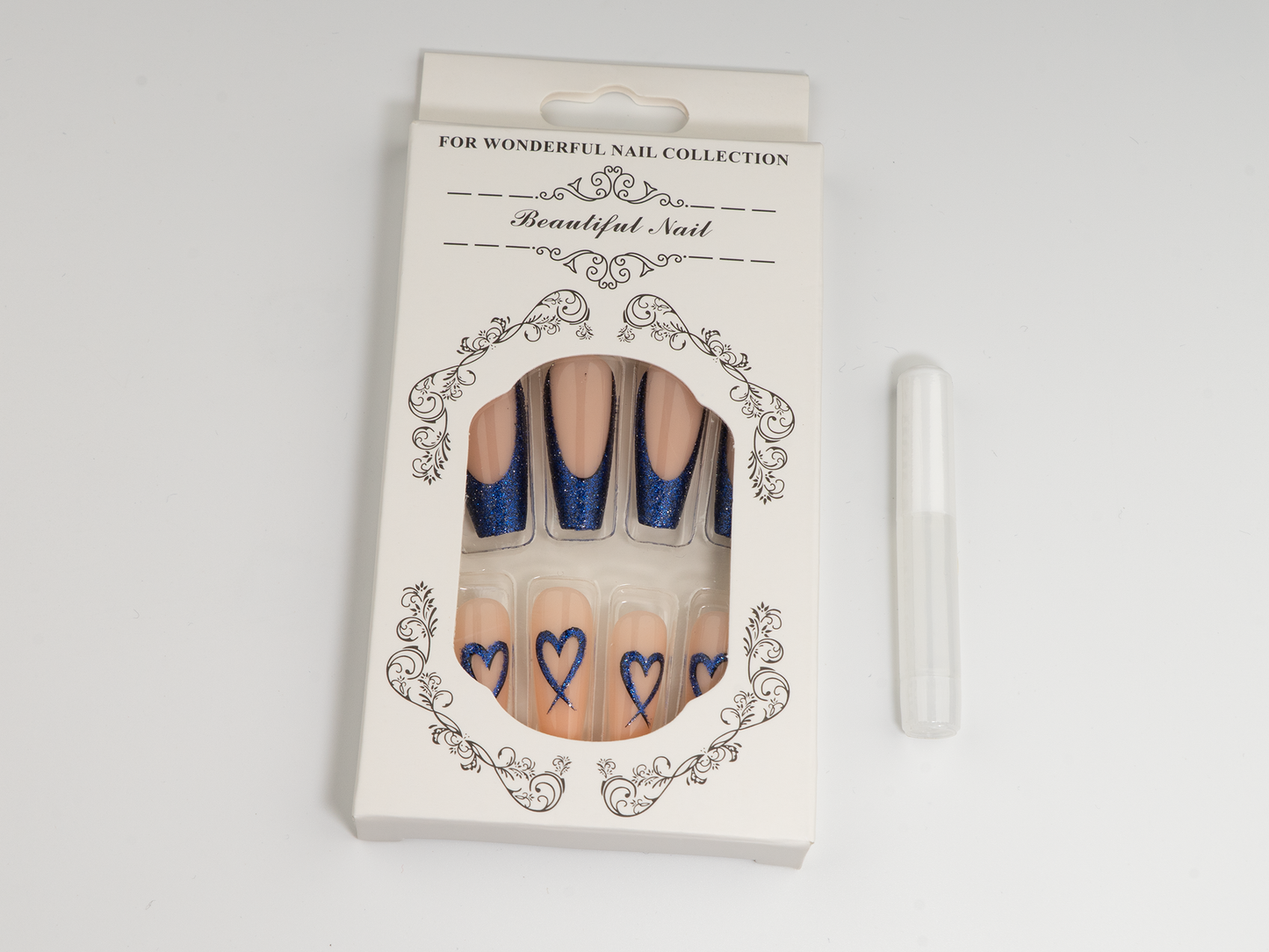 Glitter Blue Heart French Press-On Nails | V-Cut Long Coffin