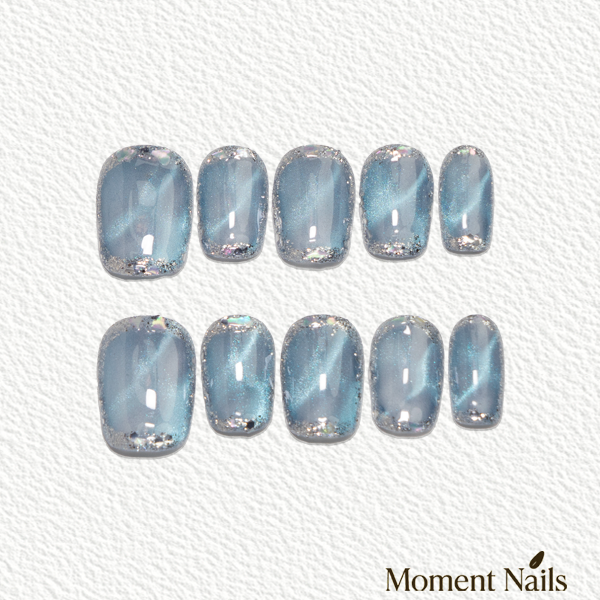 Crystal Cave Press-On Nails | Handmade Blue Cat Eye Diamond Trim