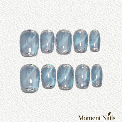 Crystal Cave Press-On Nails | Handmade Blue Cat Eye Diamond Trim