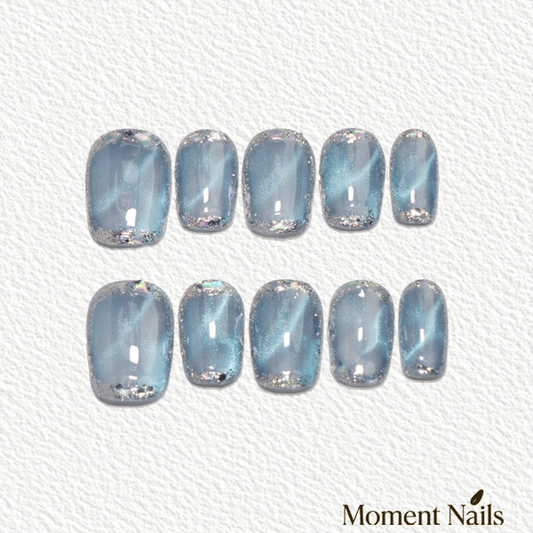 Crystal Cave Press-On Nails | Handmade Blue Cat Eye Diamond Trim