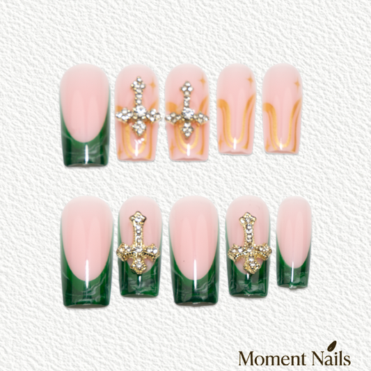 Emerald Jelly Press-On Nails | Gold Gem Cross Charm Square