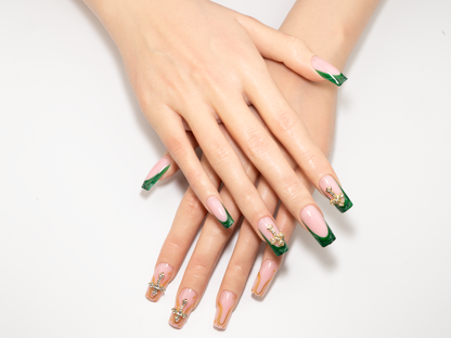 Emerald Jelly Press-On Nails | Gold Gem Cross Charm Square