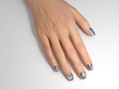 Crystal Cave Press-On Nails | Handmade Blue Cat Eye Diamond Trim