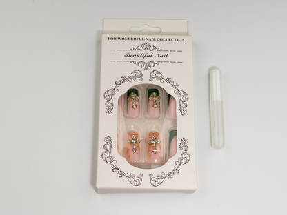 Emerald Jelly Press-On Nails | Gold Gem Cross Charm Square
