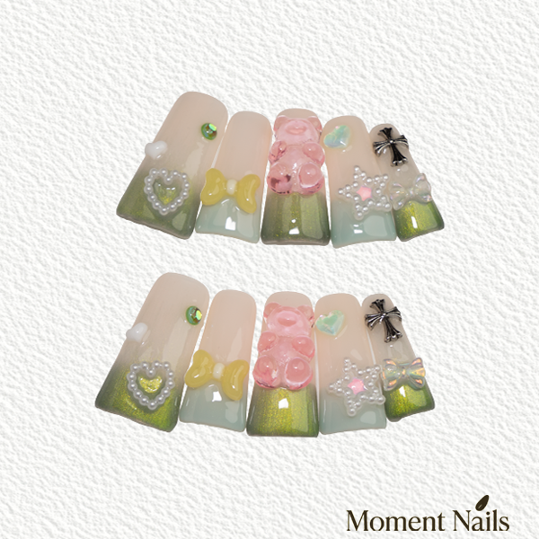 Gummy Bear Picnic Press-On Nails | Handmade Jelly Bear Bow Long Square