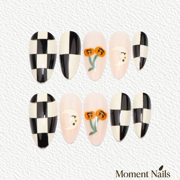 Playful Ghost Press-On Nails | B&W Checkerboard Almond