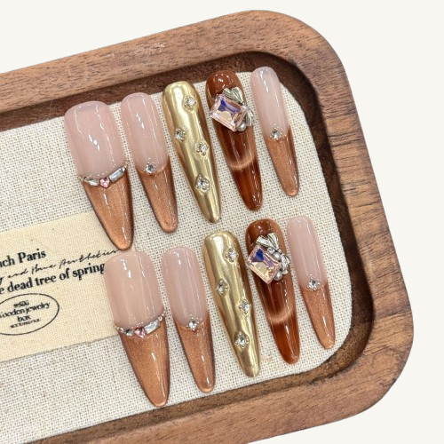 Toffee Cocoa Press-On Nails | Handmade Cat Eye Crystal French Stiletto