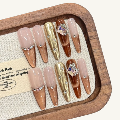 Toffee Cocoa Press-On Nails | Handmade Cat Eye Crystal French Stiletto