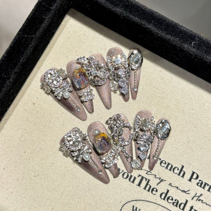 Chandelier Dreams Press-On Nails | Handmade Crystal Cat Eye Stiletto