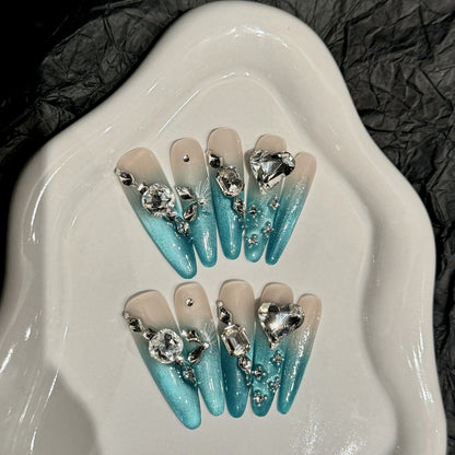 Icy Teal Cat Eye Press-On Nails |  Long Almond Handmade Fake Nails