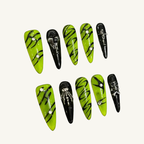 3D Skull Press-On Nails | Long Stiletto Handmade Fake Nails