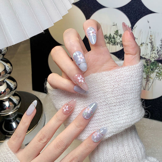 Pink-Grey Floral Short Square-Oval Press-On Nails