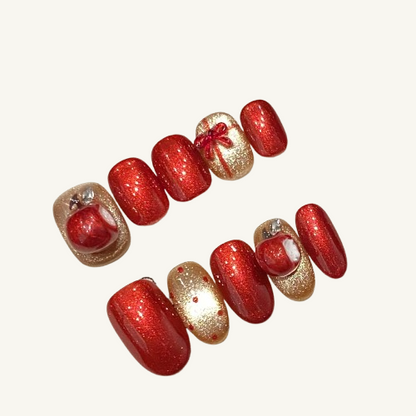Christmas Apple Press-On Nails | Handmade 3D Apple Bow Short Oval