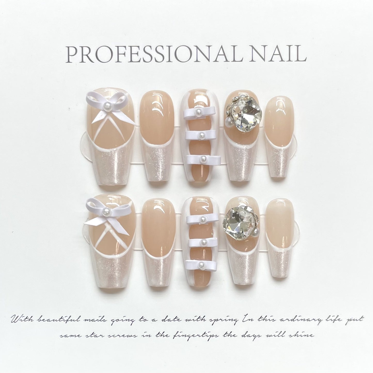 Pearl White French Press-Ons Nails | Handmade Bow Tie Square