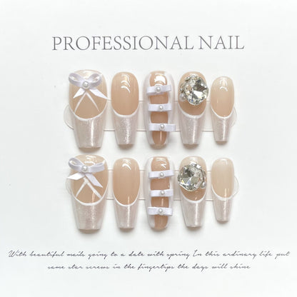 Pearl White French Press-Ons Nails | Handmade Bow Tie Square