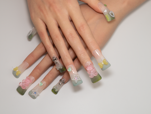 Gummy Bear Picnic Press-On Nails | Handmade Jelly Bear Bow Long Square