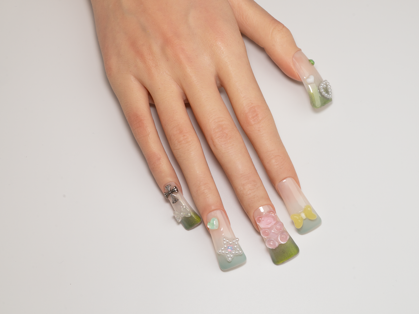 Gummy Bear Picnic Press-On Nails | Handmade Jelly Bear Bow Long Square