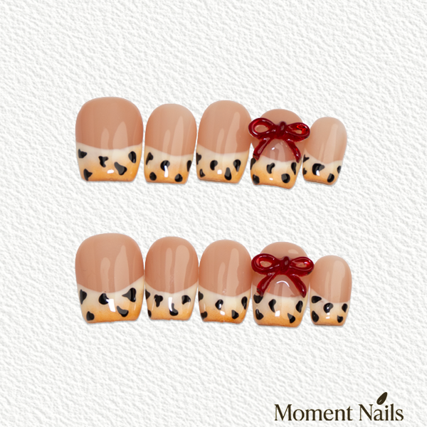 Leopard Bow Press-On Nails | Handmade Nude French Red Ribbon Coffin