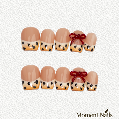 Leopard Bow Press-On Nails | Handmade Nude French Red Ribbon Coffin