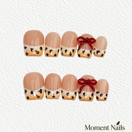 Leopard Bow Press-On Nails | Handmade Nude French Red Ribbon Coffin
