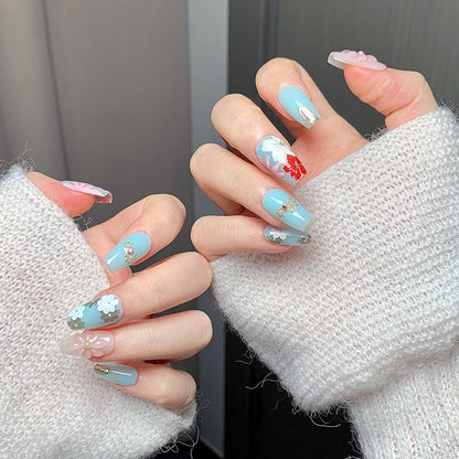 Light Blue Floral Trapezoid Press-On Nails