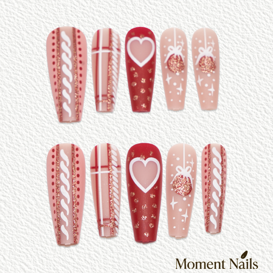 Christmas Red Heart & Plaid | Holiday Mix Long Ballerina Nails
