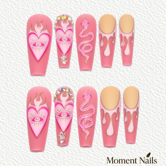 Pink Snake & Flame Press-On Nails | Gold Trim Gem Long Ballerina