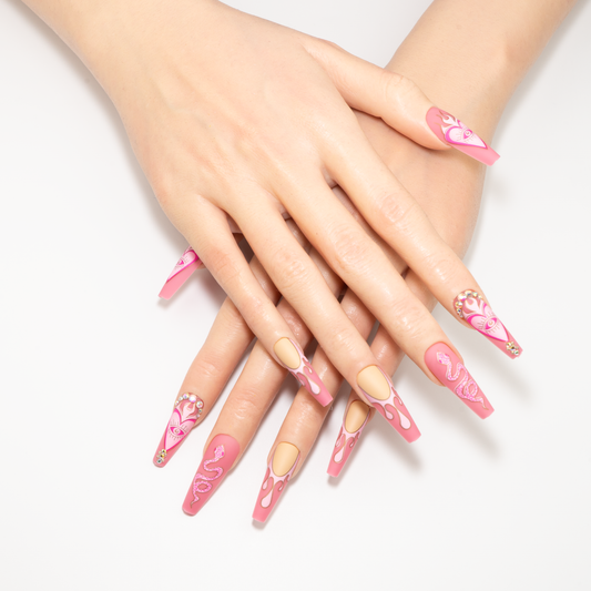 Pink Snake & Flame Press-On Nails | Gold Trim Gem Long Ballerina