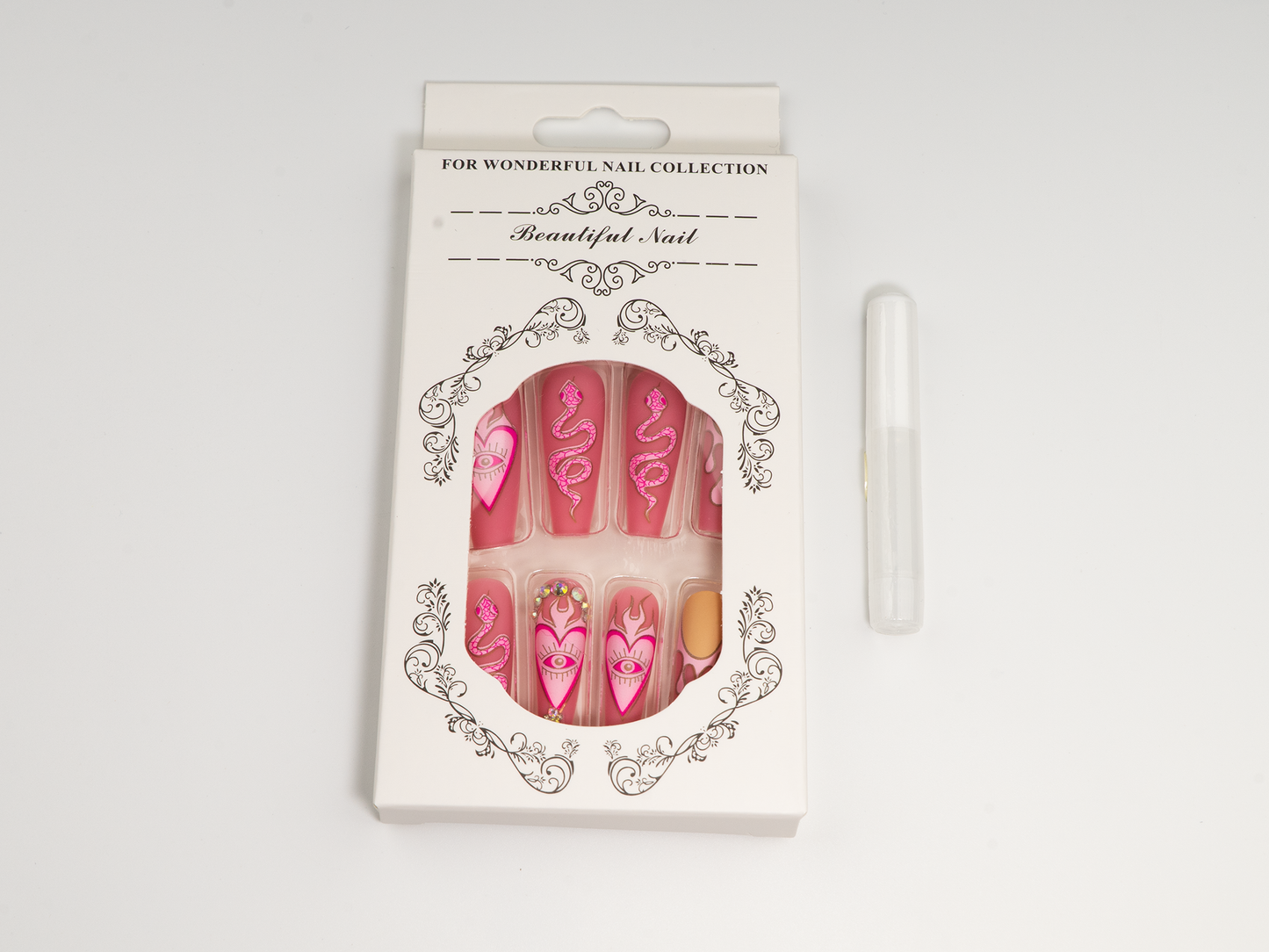 Pink Snake & Flame Press-On Nails | Gold Trim Gem Long Ballerina