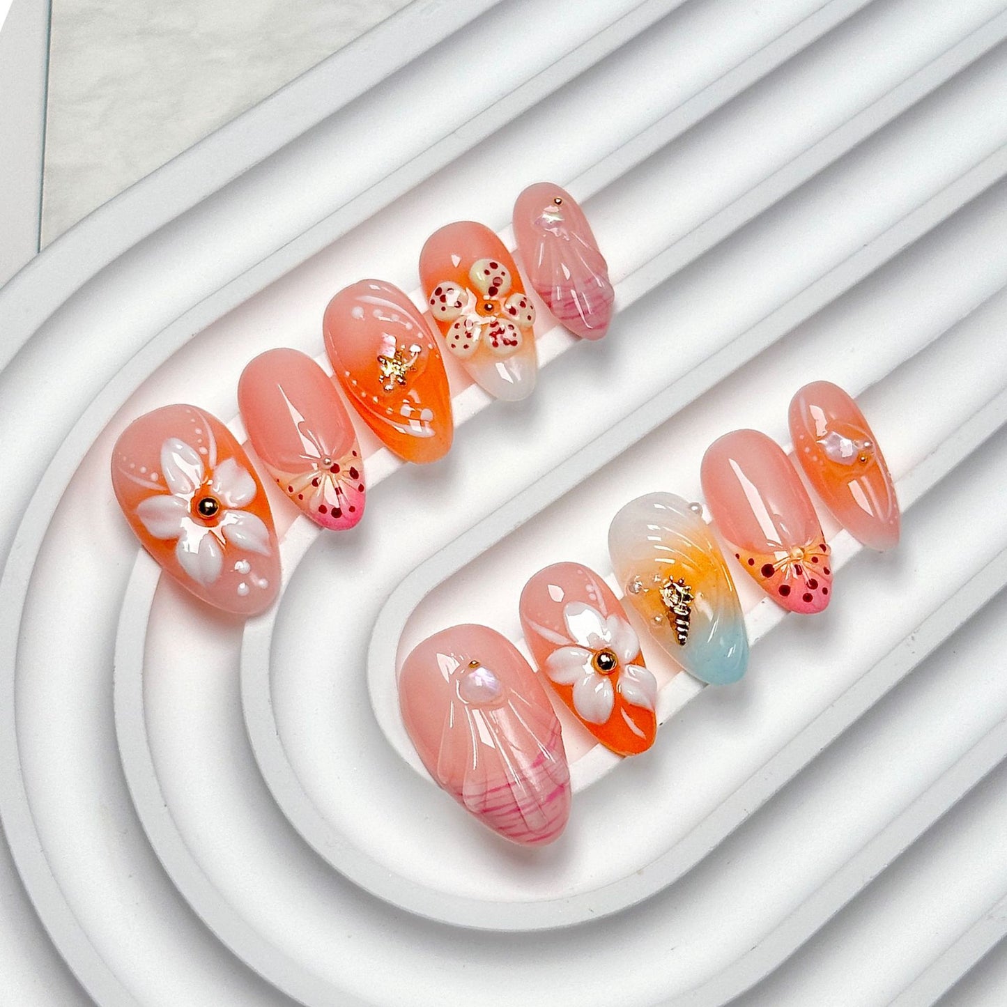Orange-Pink Floral Short Almond Press-On Nails