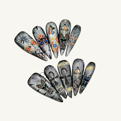 Ancient Egyptian Symbol Press-On Nails | Hand-Painted Art Stiletto
