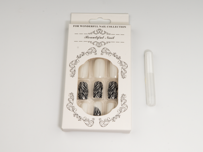 Zebra French Tip Press-On Nails | Silver Line Flared Square