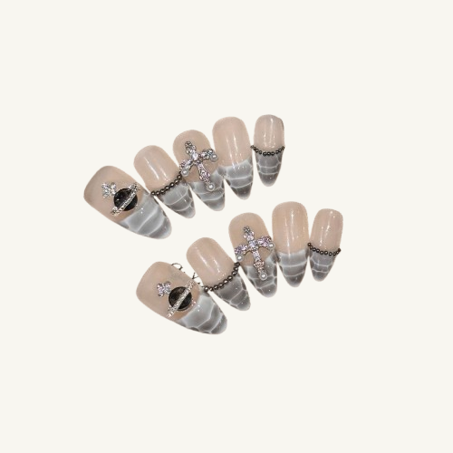 Snakeskin Cross Press On Nails | Grey Beaded Handmade Long Oval