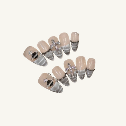 Snakeskin Cross Press On Nails | Grey Beaded Handmade Long Oval