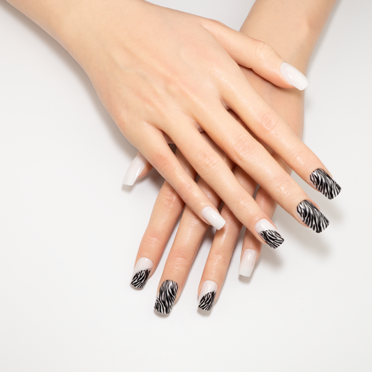 Zebra French Tip Press-On Nails | Silver Line Flared Square